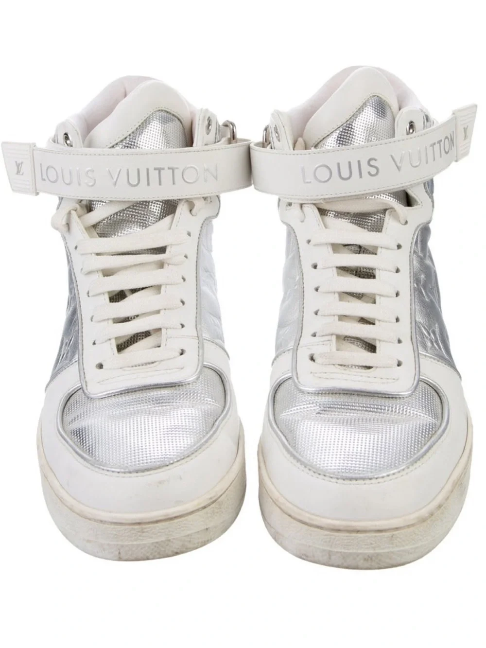 Louis Vuitton White & Silver Monogram High-Top Trainer
